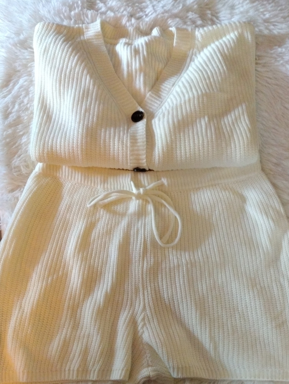 White Knit Shorts & Cardigan Set - Cozy Women's Lounge Outfit